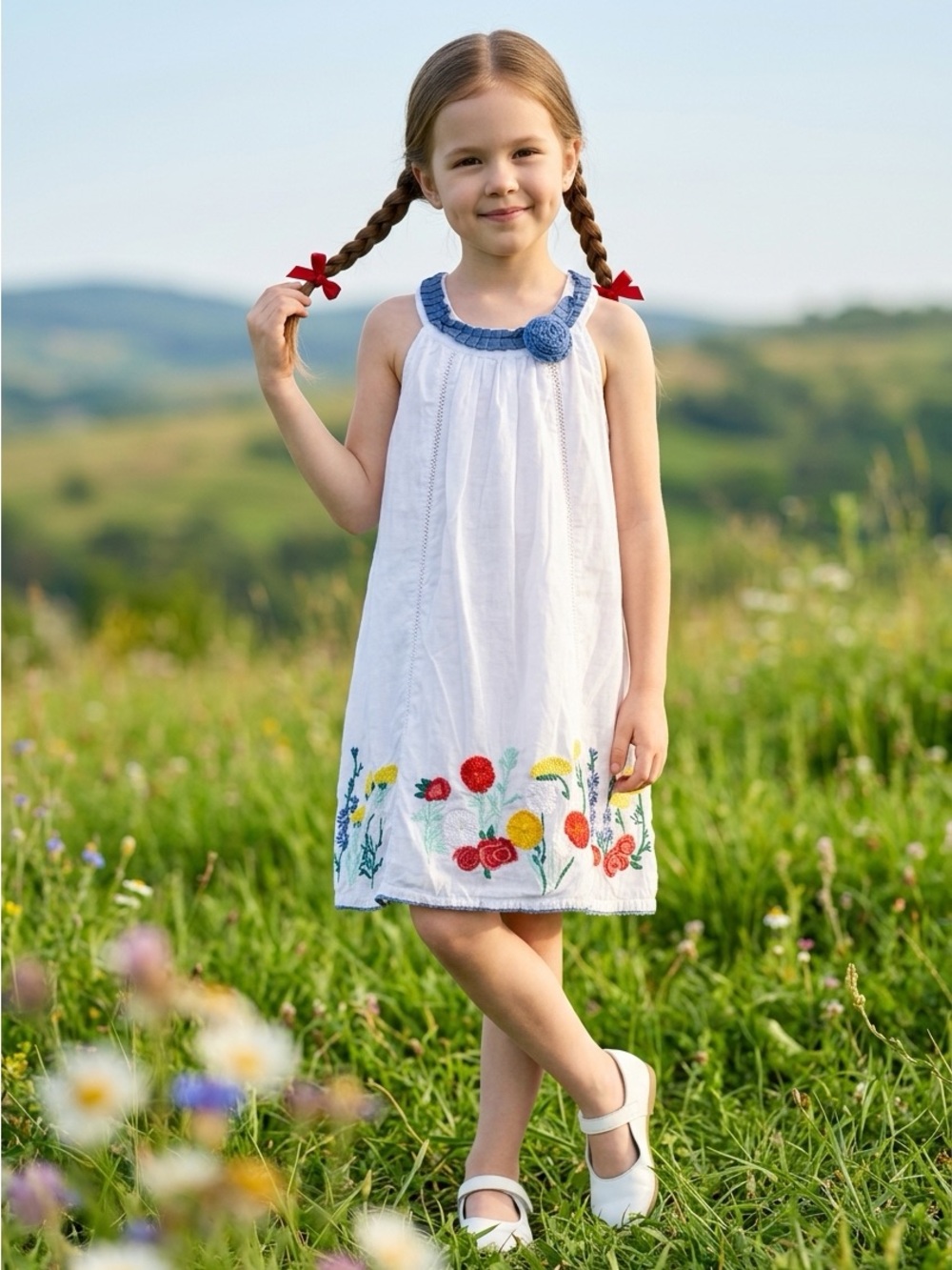 Cutey Couture Girls' White Embroidered Floral Sundress with Blue Trim
